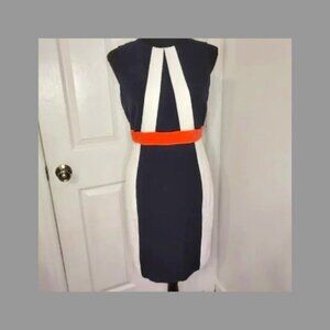 NWT Sandra Darren Colorblock Sleeveless Sheath Navy Ivory Peach Midi Size 4P